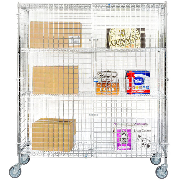 A Regency chrome wire security cage kit on wheels with boxes on shelves.