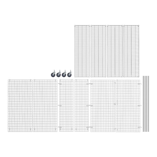 A close-up of a chrome wire security cage with a grid pattern.