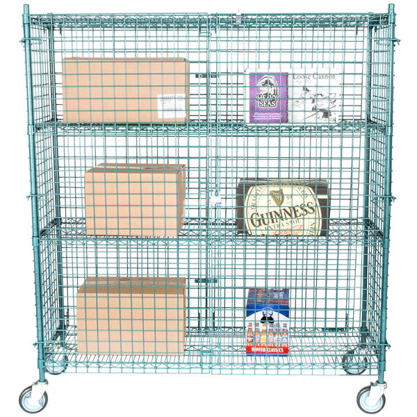 A Regency green metal wire security cage kit holding boxes.