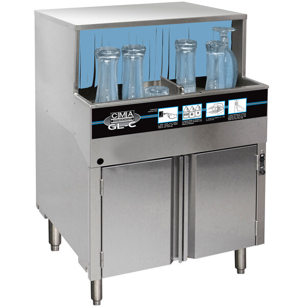 A CMA Dishmachines undercounter glass washer filled with glass bottles.
