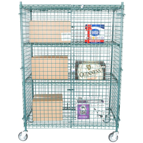 A Regency green wire security cage kit in a room with boxes on a rack.