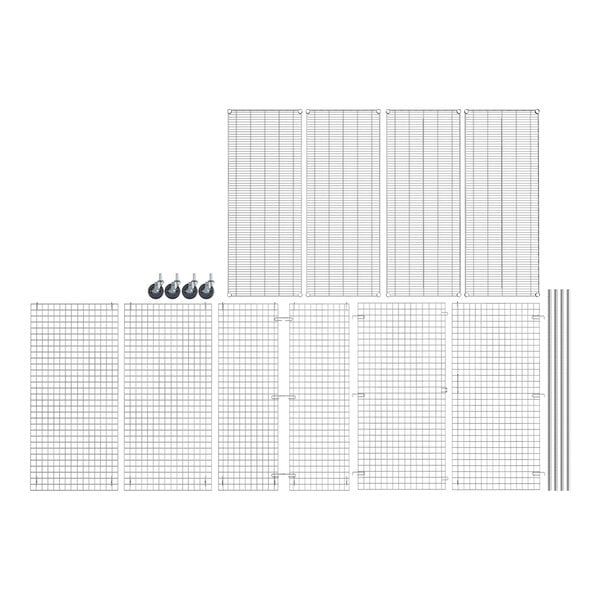 A white grid wall with several metal pieces.
