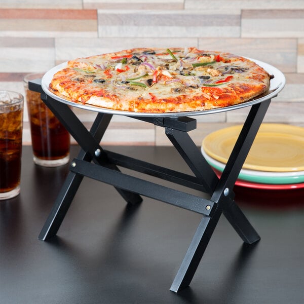 A pizza on a Tablecraft mini table tray stand.