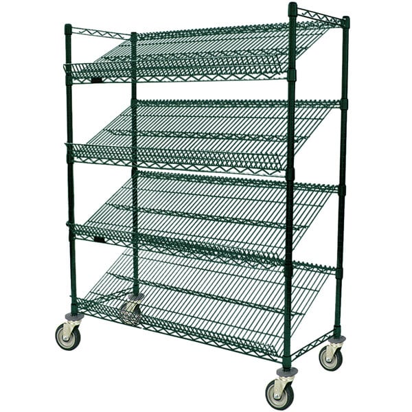 An Eagle Group Valu-Gard green wire slant rack with wheels.