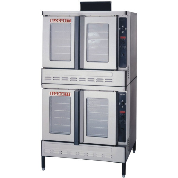 A stack of two Blodgett Premium Series double deck convection ovens with glass doors.