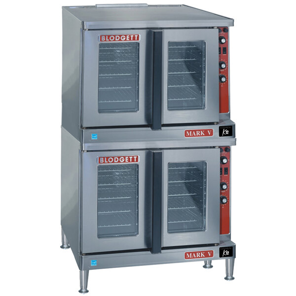 A Blodgett Mark V-200 Premium Series double deck convection oven with glass doors.