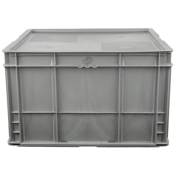 A grey plastic crate with a lid.