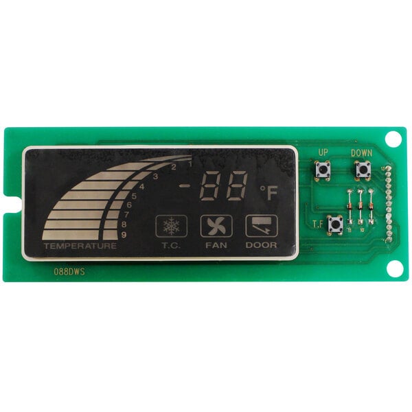 A green circuit board with a built-in digital display.