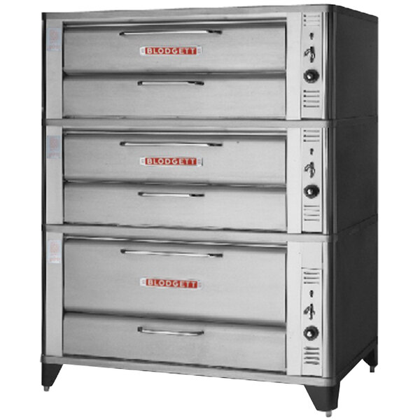 A Blodgett natural gas triple deck oven with silver drawers.