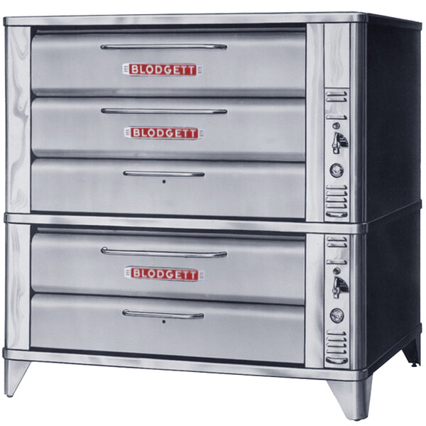 A large metal Blodgett liquid propane double deck oven with red labels on a counter.