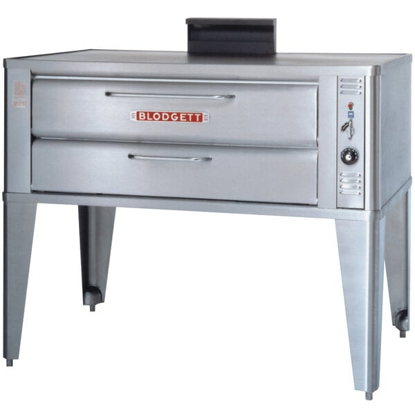 A stainless steel Blodgett pizza deck oven with a draft diverter.