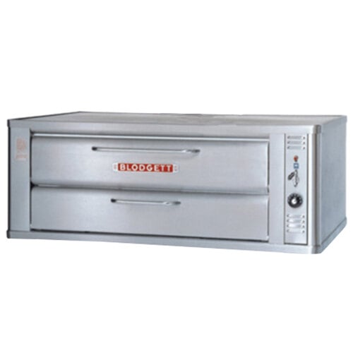 A Blodgett stainless steel natural gas pizza deck oven base unit with two doors.