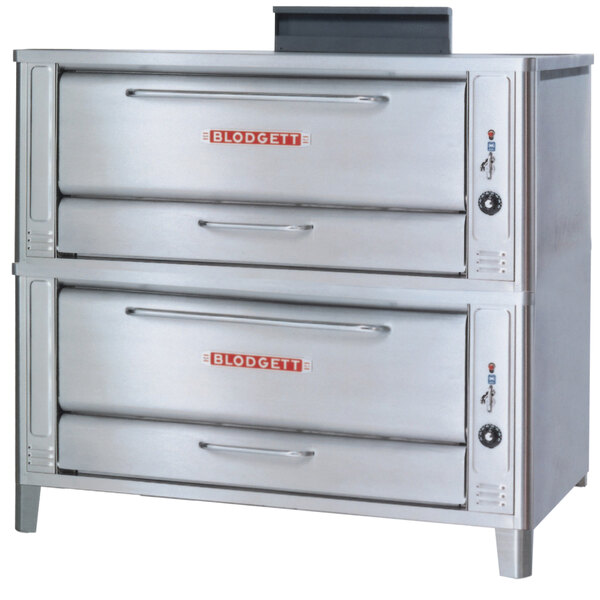 A large stainless steel Blodgett double pizza deck oven with two decks and two doors.