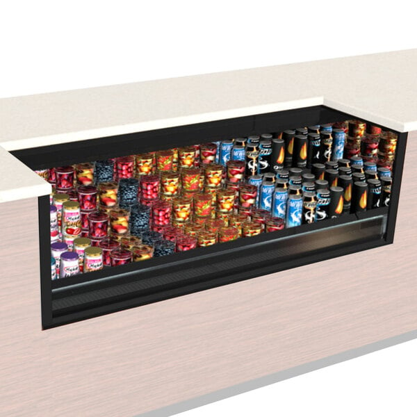 A Structural Concepts Oasis black undercounter air curtain merchandiser full of canned beverages on a counter.