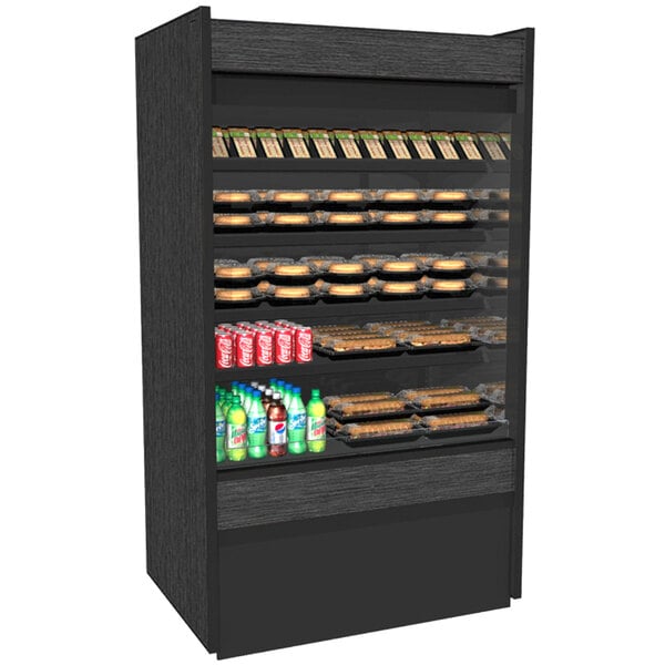 A black rectangular Structural Concepts Oasis air curtain merchandiser filled with soda bottles and snacks.