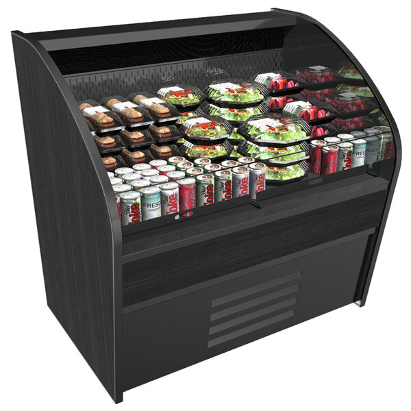 A black Structural Concepts Oasis horizontal air curtain merchandiser on a counter with food and drinks.