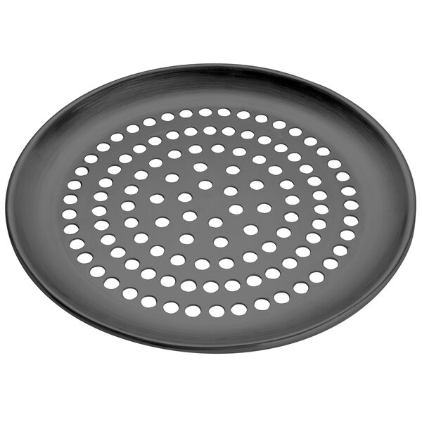 An American Metalcraft Super Perforated Hard Coat Anodized Aluminum Coupe Pizza Pan with holes in it.