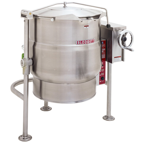 A Blodgett 60 gallon stainless steel steam kettle with a lid.