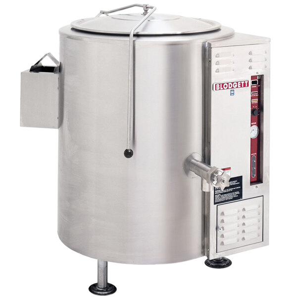 A Blodgett stainless steel stationary steam kettle with a lid.