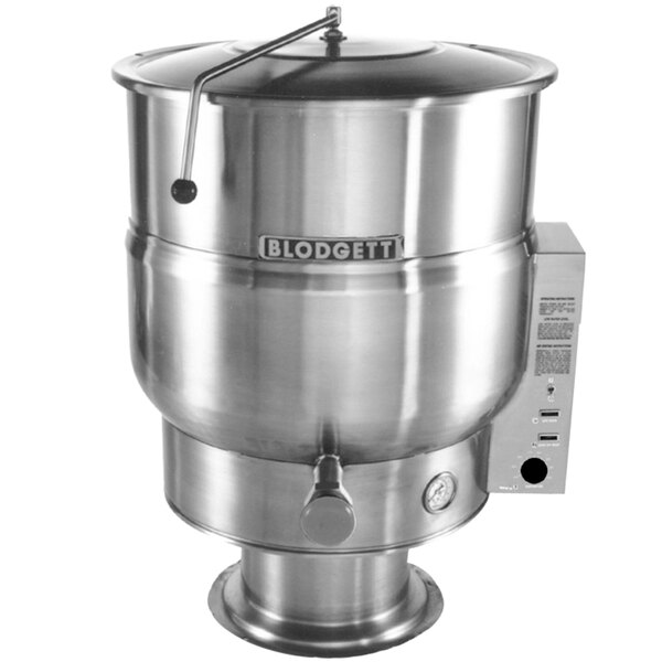 A Blodgett stainless steel stationary pedestal base steam kettle with a lid on top.