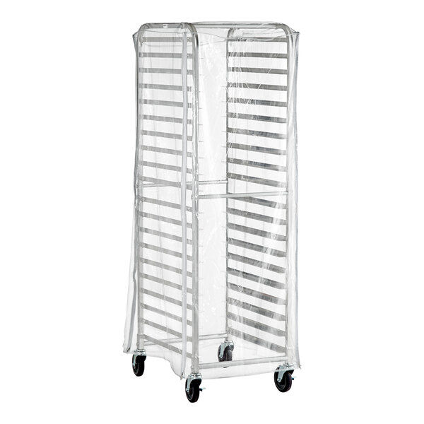 A clear plastic bun pan rack cover with three zippers designed to fit a full-size rack.