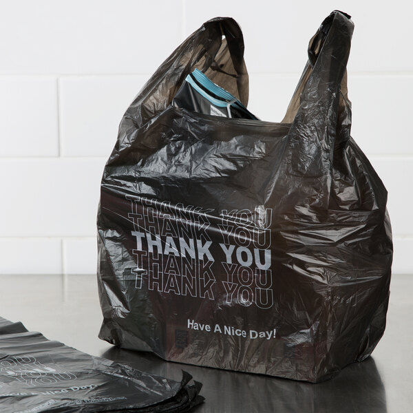 1/6 Size .51 Mil Black Thank You Plastic T-Shirt Bag - 800/Case