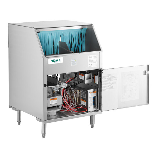 A stainless steel underbar glass washer with an open access panel showing internal components and wiring.