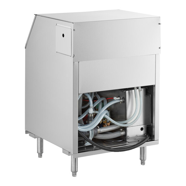 A stainless steel underbar glass washer with visible internal hoses and components.