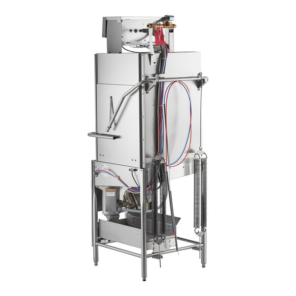 A commercial low temperature tall door type dishwasher with exposed wiring and metal components.