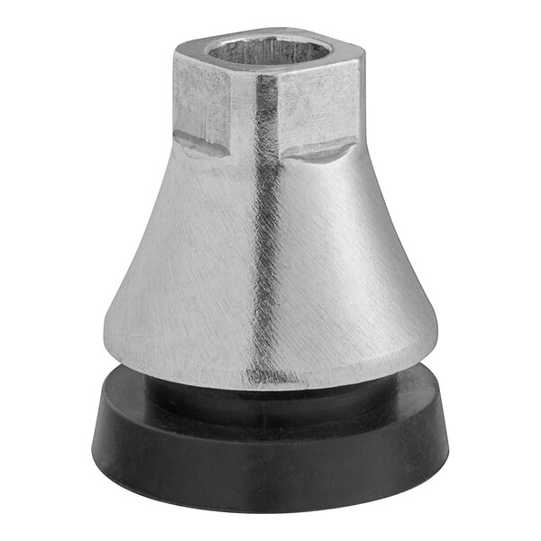 A metal foot with a black rubber cap for an Avantco meat slicer.