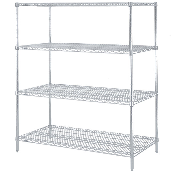A white Metro wire shelving unit with three shelves and metal poles.