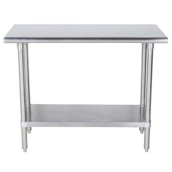 A stainless steel Advance Tabco work table with an undershelf.