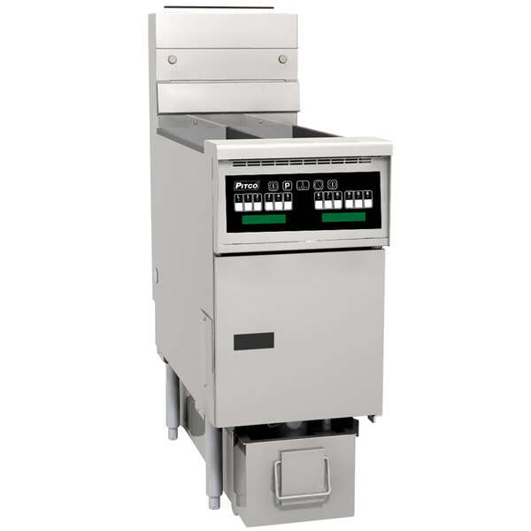 A Pitco Solstice gas fryer with a filter drawer, computer screen, and buttons.