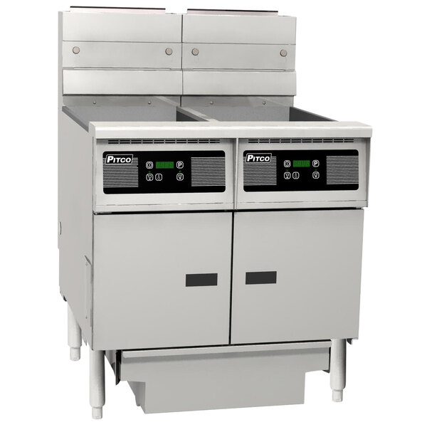 A Pitco liquid propane double floor fryer system with digital controls and filter drawers.