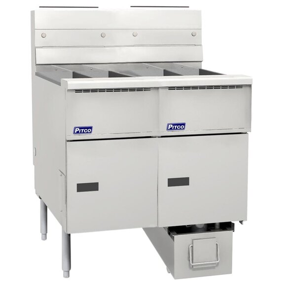 A large stainless steel Pitco floor fryer with two drawers.