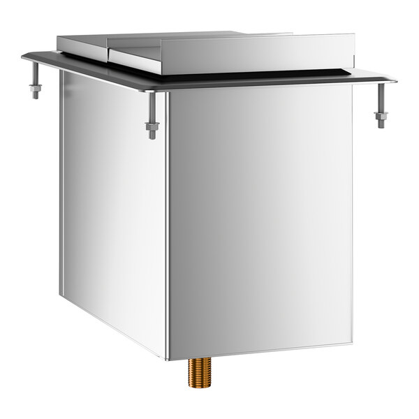 A rectangular stainless steel drop-in ice bin with a sliding lid, mounting hardware, and a brass drain fitting at the bottom.