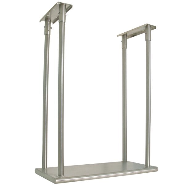 A stainless steel rectangular shelf with two metal poles.