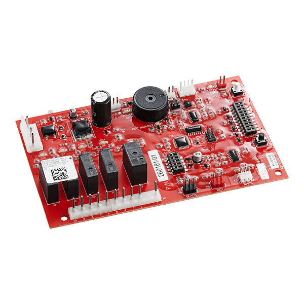A red circuit board with black and white components.