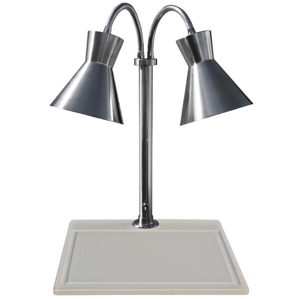 A Hanson Heat Lamps dual carving station with two lighted lamps on a white surface.