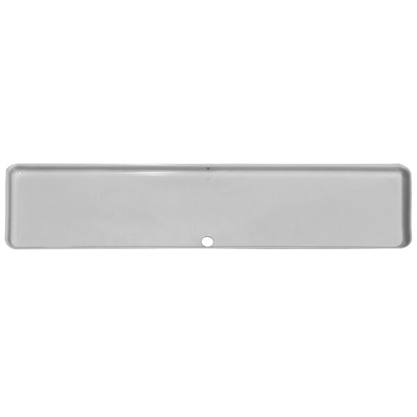 A silver rectangular metal drain pan with a hole.