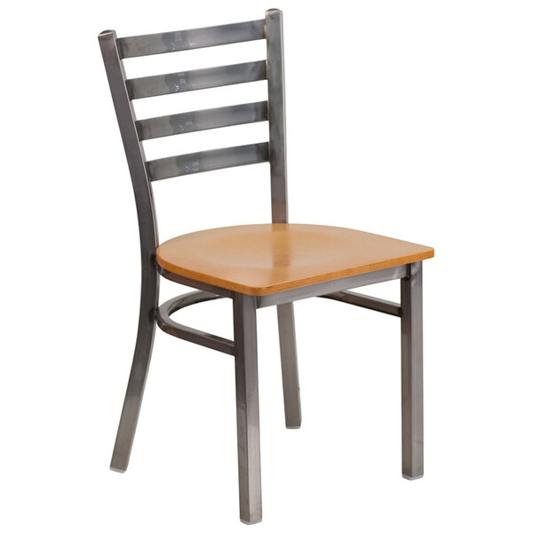 Flash Furniture XU-DG694BLAD-CLR-NATW-GG Clear-Coated Ladder Back Metal Restaurant Chair with Natural Wood Seat