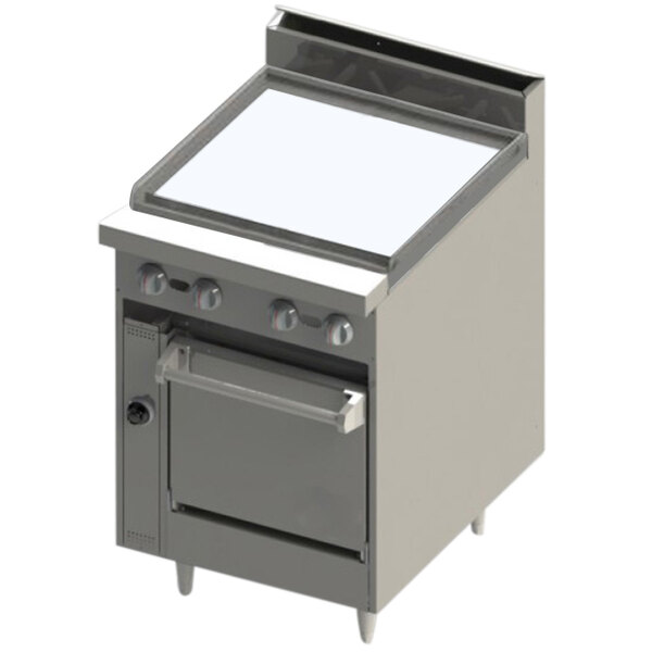 A stainless steel Blodgett range with a griddle top and cabinet base.