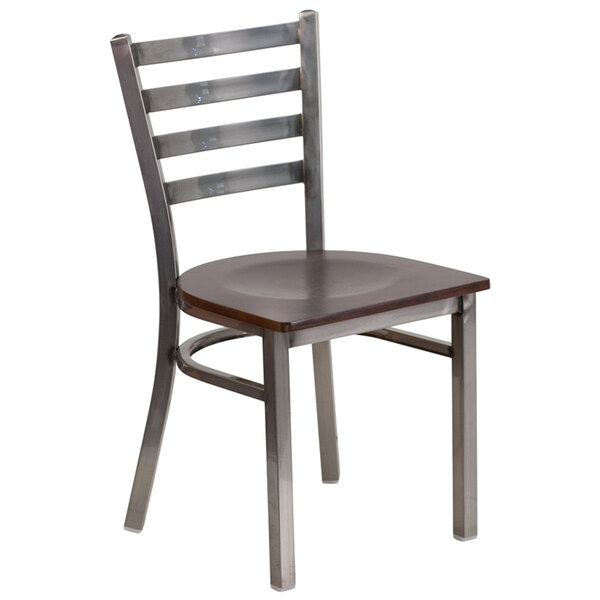 A Flash Furniture metal restaurant chair with a walnut wood seat and ladder back.