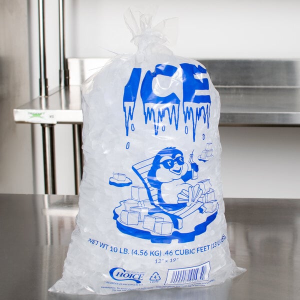 A close-up of a Choice clear plastic ice bag with blue text on it.