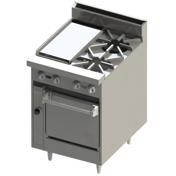 A large stainless steel Blodgett range with two burners and a griddle over a cabinet base.