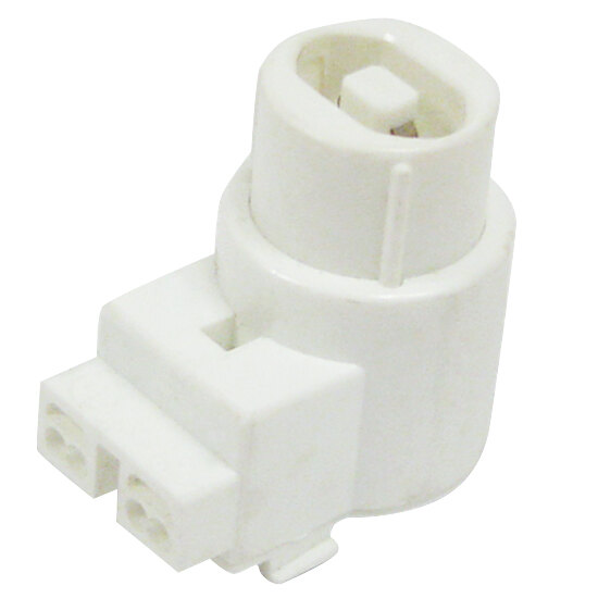 A white electrical connector with two wires on a white background.