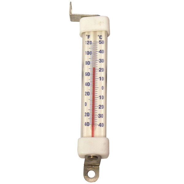 A Turbo Air refrigerator/freezer thermometer with a metal handle and white background.