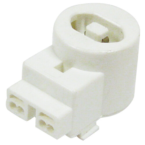 A close-up of a white plastic connector with two holes.
