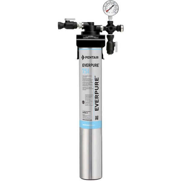 A silver Everpure water filtration system with a gauge.