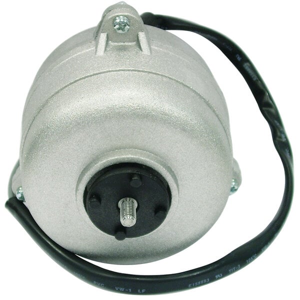 A close-up of a round silver Turbo Air evaporator fan motor with black wires.